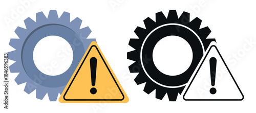 Icon with gear and triangular yellow sign. Exclamation mark. Equipment failure or malfunction. Black silhouette cogwheel. Repair attention badge. Error tag. Vector warning symbols set