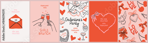 Happy Valentines or Galentines Day invitation cards in trendy whimsical hand drawn style with cupid, love letter,cherry and hands with wine. Template for ads, branding, banner, cover, label, poster.