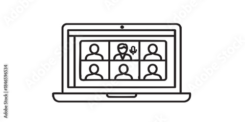 Laptop and online conference app thin line icon, virtual communication concept, video call vector sign on white background, outline style icon mobile concept web design. Vector graphics