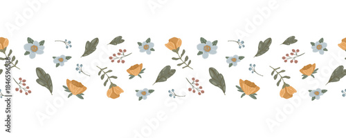 Wildflower seamless border, hand-drawn vector horizontal divider with scattered flowers, leaves, and berries for wedding stationery and feminine design.