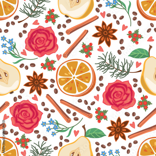Fruit pieces and flowers seamless pattern. Lemon and pear slices. Coffee beans. Floral repeated print. Cinnamon and anise spice. Aroma organic flavors. Rosemary herb. Vector background