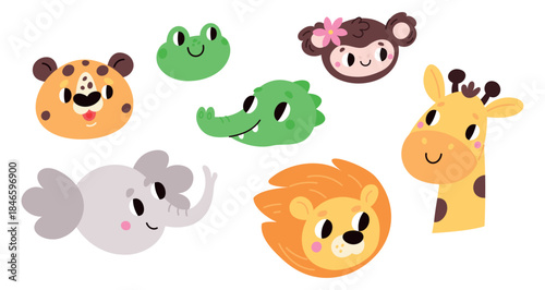 Cute funny faces of cartoon animals. Lion and giraffe. Joyful monkey. Smiling adorable crocodile. Tiger and elephant isolated heads. Zoo characters fun. Happy mammal muzzles vector set