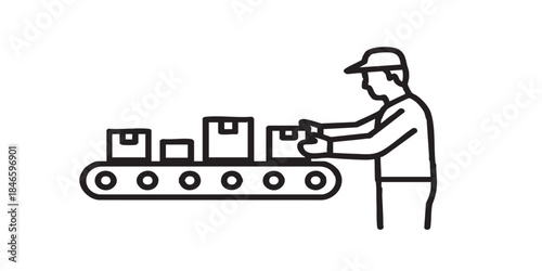 Man working at conveyor with boxes thin line icon, manufacturing concept, factory worker packaging sign on white background, outline style for mobile web design. Vector graphics