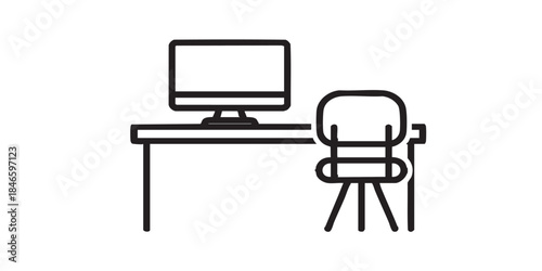 Desk with computer monitor and chair thin line icon, home workspace concept, workplace vector sign on white background, outline style icon mobile concept web design. Vector graphics