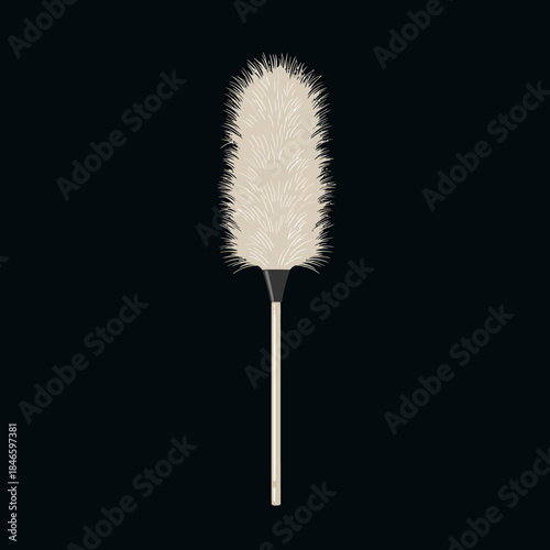 A fluffy white duster with a wooden handle isolated on a black background.