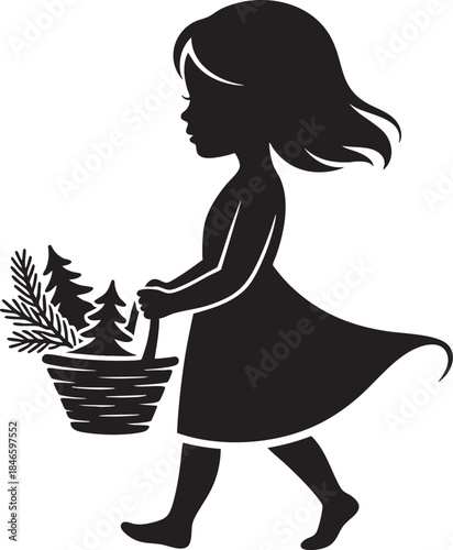 A silhouette of a little girl carrying a basket of evergreen branches