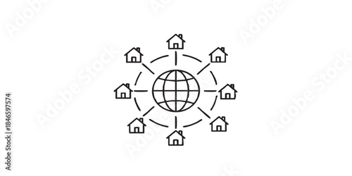 Earth planet and house network thin line icon, work from home concept, global remote job vector sign on white background, outline style icon mobile concept web design. Vector graphics