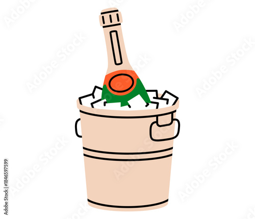 Hand drawn cute illustration champagne in bucket with ice. Flat vector winter celebration event doodle. Alcohol drink sticker. Holiday recreation activity. Cold season festive. Isolated.