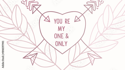 Minimal line art heart surrounded by small arrows and leaves with romantic text