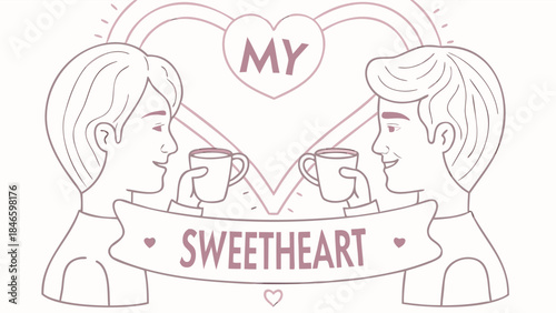 Minimal line art of a loving couple sharing coffee in a romantic sweetheart moment with heart symbol and banner