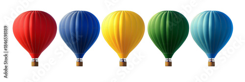 Vibrant hot air balloons in red, blue, yellow, green, and teal