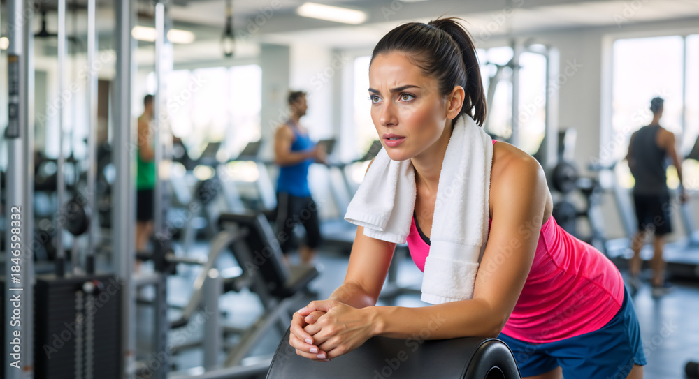 Obraz premium Tired woman taking a break after a workout at the gym. Focused female athlete resting during an intense fitness training session
