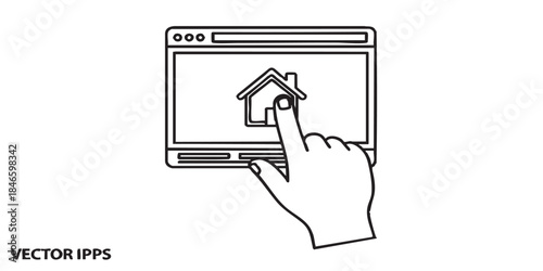 Hand index finger on website with house thin line icon, work from home concept, remote job vector sign on white background, outline style icon mobile concept web design. Vector graphics