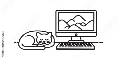 Computer, keyboard and cat thin line icon, leisure time concept, pet relax near PC monitor vector sign on white background, outline style icon mobile concept web design. Vector graphics