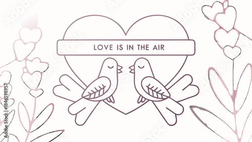 Monochrome line art drawing of heart with two love birds perched on it surrounded by floral elements with text love is in the air