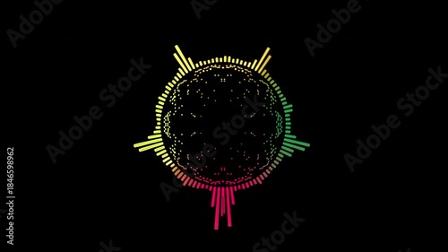 Abstract circular animation of colorful sound wave circle equalizer. Animation. Audio spectrum simulation for music, computer calculating, futuristic, ads, animation.