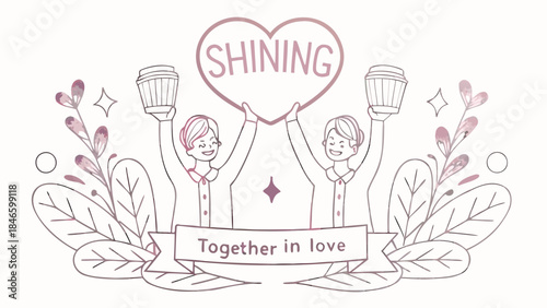 Monochrome sketch of couple holding lanterns with heart shining symbolizing love and togetherness in romantic relationship