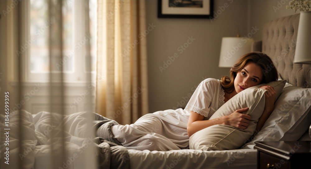 Fototapeta premium A young woman relaxing in bed in the morning. Thoughtful female hugging a pillow while lying in a cozy bedroom