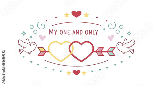 Overlapping hearts with arrow and festive stars, my one and only love symbol with two doves