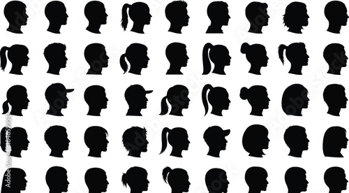Large collection of black vector silhouettes showing male and female head profiles and avatars side view isolated on white background.