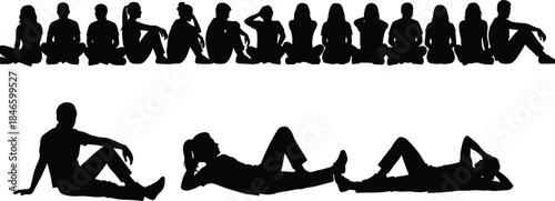 Seated and reclining people silhouette, casual poses, body language, relaxed group, black vector art, white background, human posture illustration
