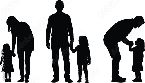 Parenting, family bonding, father and mother with child, emotional connection, childhood care, silhouette illustration, love, trust, support, nurturing moments