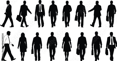 Set of black vector silhouettes of business men and women walking in suits with briefcases