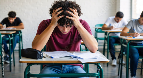 Stressed male student taking a difficult exam in a classroom. Anxious young man with his head in his hands feeling academic pressure during a test