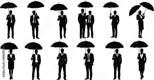 Set of black vector silhouettes of business men and women wearing suits and holding umbrellas isolated on white background.