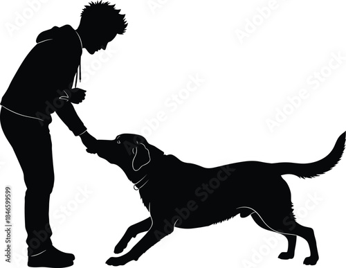 Dog training silhouette, person with pet, obedience, communication, paw trick, companionship, black vector art, white background, bonding moment