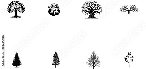 Illustration of set of eight different tree icons and silhouettes