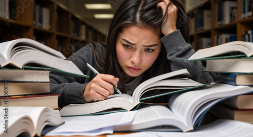 Stressed female student overwhelmed with books in a library. Young woman studying hard for a difficult university exam. Academic pressure and education concept
