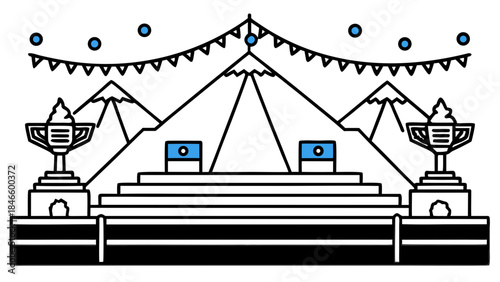 Tibetan cultural festival celebration with mountain backdrop and trophies