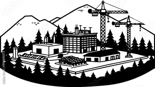 Modern construction site in mountainous forest landscape with cranes