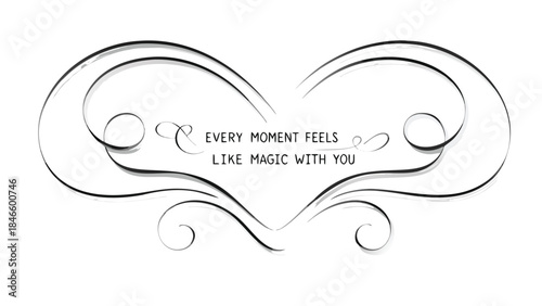 Romantic floating heart design with magic quote in minimal monochrome sketch style