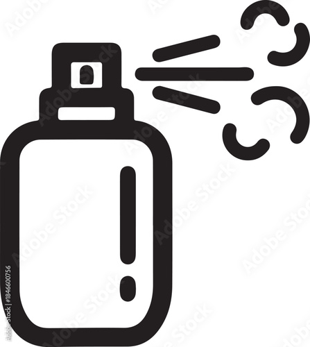 Black and white of a spray bottle emitting a cloud of mist or vapor representing aerosol or fragrance
