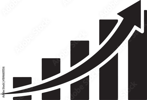 Black silhouette of a bar graph with an upward trending arrow indicating business growth and financial