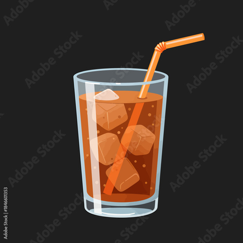 Refreshing Cola Drink with Ice Cubes and Straw.