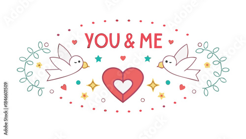 Romantic heart illustration with festive stars and birds for valentine's day or love themed designs, a sweet and charming graphic