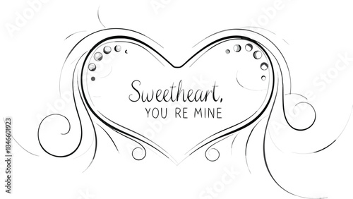 Black and white heart shape design with sweetheart message and floating decorative elements