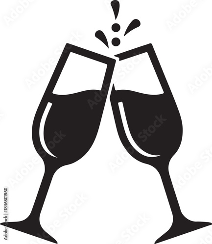 Black silhouette of two champagne glasses clinking together with splashing liquid on white background