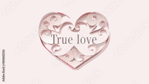 Romantic paper art heart design with curled shapes and true love text on soft background