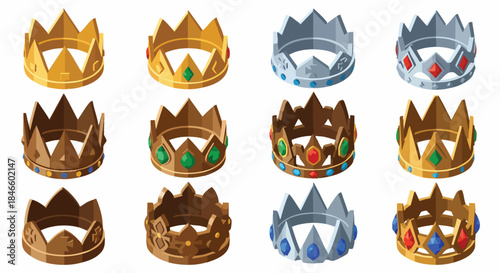 Isometric royal crowns set gold silver bronze gemstones patterns King Queen Royalty Game Asset Vector Icon Empire