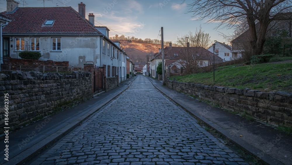 Fototapeta premium Empty road passing through residential area with family homes