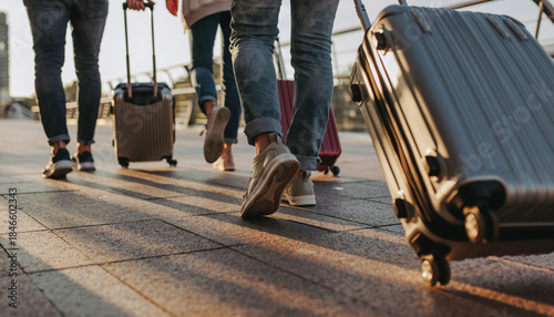 People walking with luggage on a sunny day.