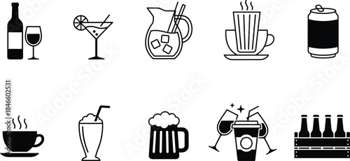 Beverage icons, drink symbols, coffee, tea, wine, beer, soda, cocktail, smoothie, hot drinks, cold drinks, vector illustration