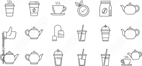 Coffee, tea, beverage, icon set, blue line, outline style, cafe, drink, hot, cold, organic, takeaway, teapot, cup, straw, mug, minimal, vector, graphic, illustration, design