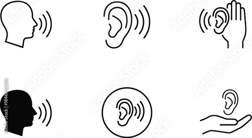 Communication icons, speaking and listening, active listening, sound waves, ear symbols, human head, interpersonal skills, audio cues, vector illustration, silence