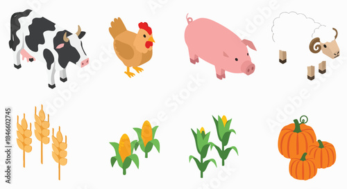 Isometric farm animals and crops vector art collection Farm Livestock Agriculture Harvest Cartoon Icon Set Flat