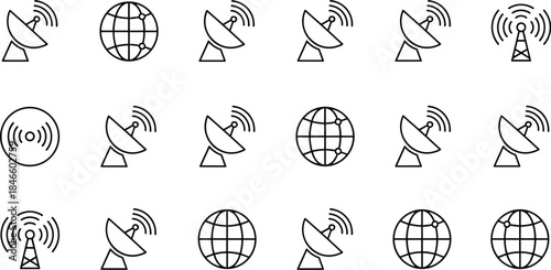 Global communication icons, satellite technology, network symbols, digital connectivity, broadcasting elements, radar graphics, telecom infrastructure, wireless signals, internet nodes
